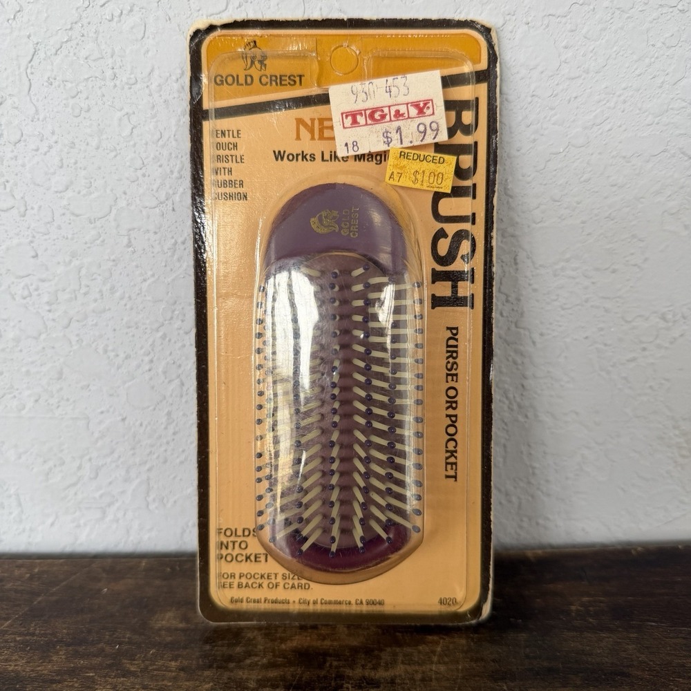 NEW‎ Vintage 1980s Gold Crest Pocket Purse Travel Size Folding Brush NOS
